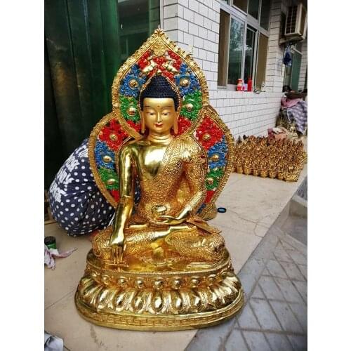 120CM large huge # hall efficacious Protection Talisman Temple Buddhism Coloured drawing Gilding brass Sakyamuni buddha statue