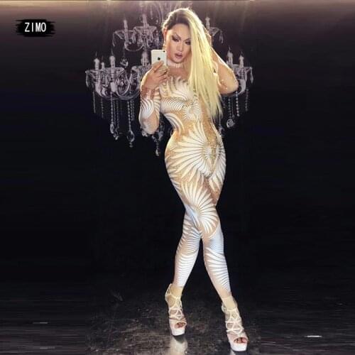 Sexy Geometric patterns Jumpsuit Women Sparkly Stones Bodysuit Stage Wear club Celebrate Female Singer Crystals Costume Outfit