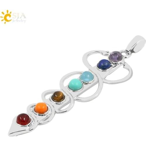 CSJA Stone beads Pendants Sword Symbol Inlaid 7 Chakra Stone Reiki Energy Healing Point Pendant Fashion DIY Gift Girl Boy E033