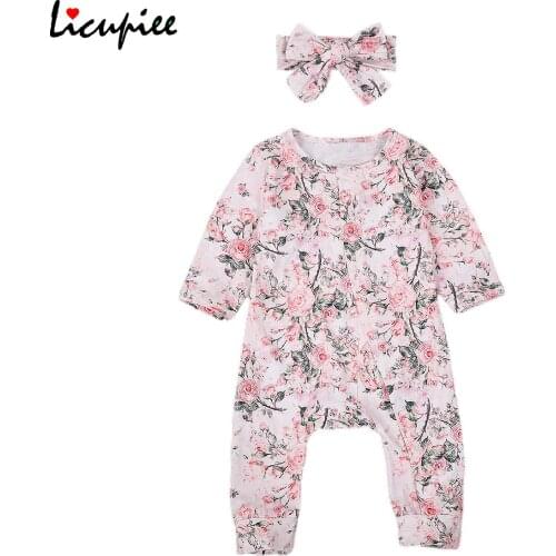 Newborn Baby Floral Print Clothes Set, Infant Long Sleeve O-neck Button-up Romper + Headband for Spring, Fall 0-24 Months