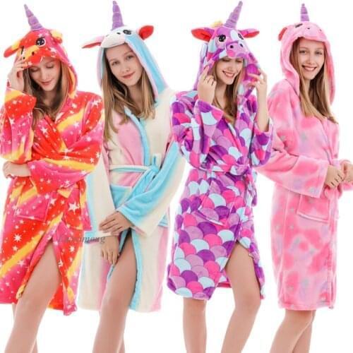 New Adults Robe Animal Cartoon Sleep Robe Female Winter Flannel Womens Bathrobe Unicorn Bath Robe Unisex Women Men Nightgowns