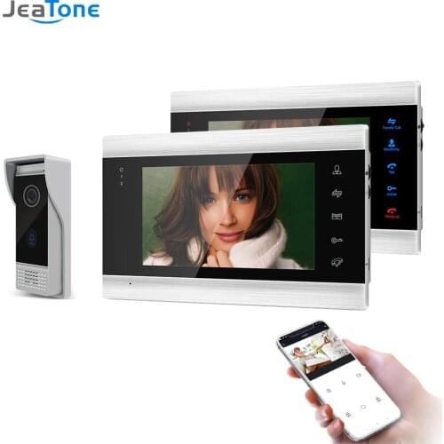 Jeatone 7 Inch Wireless Wifi Smart IP Video Door Phone Intercom System with 2 Night Vision Monitor + 1 Rainproof Doorbell Camera