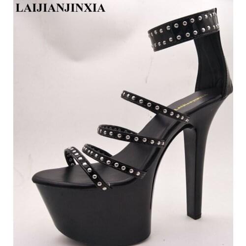 LAIJIANJINXIA New Black Platform Shoes Women Pumps 17 CM Heels Women Summer Sandals Plus Size Shoes Sexy Ankle Strap High Heels