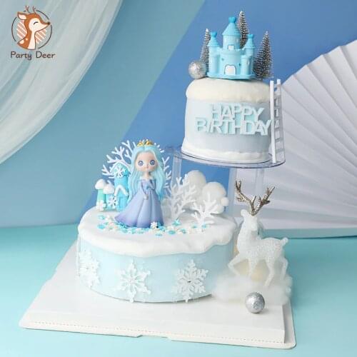 Ice blue Princess Resin Deer Fairy Girl Castle Cake Topper Happy Birthday Cake Decoring Wedding Party Baking Supplies Love Gift