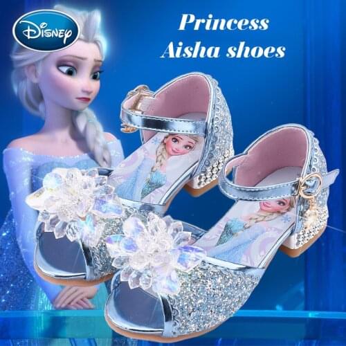 Disney New Summer Princess Aisha Shoes Cartoon Girls Shoes Children High-heeled Princess Fish Mouth Shoes Crystal Sandals