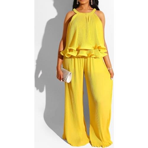 New Women Ruffles Hem Tank Tops High Waist Wide Leg Pants Two Piece