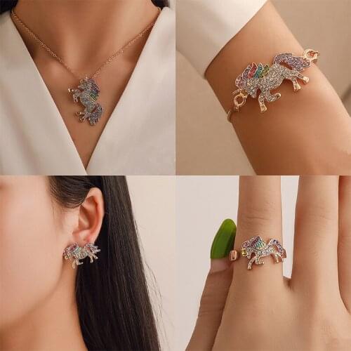 Crystal Unicorn Necklace Earrings Ring Bracelet Jewelry Sets For Women Gold Silver Color Metal Colorful Pony Jewelry Set A162