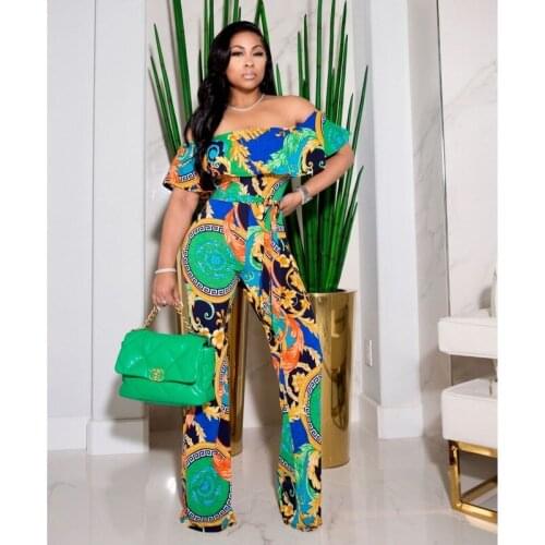 Printed Pattern Ruffle Casual Fashion Womens Jumpsuit Short Sleeve Slash Neck Wide Leg Pants Jumpsuits