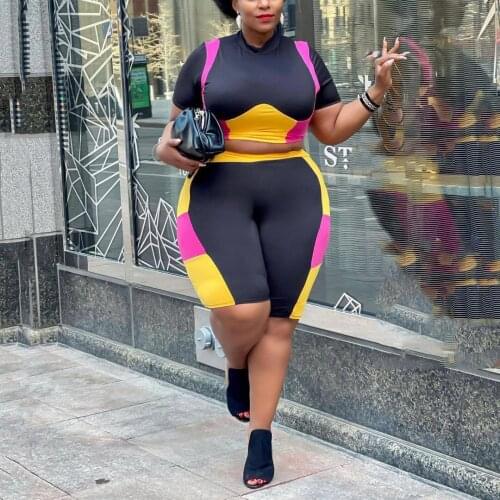 Plus Size Sets Matching Bodycon Outfits Black Patchwork Blouse & Shorts Fashion Causal High Street Wear 2 Pieces Sets 2021 New