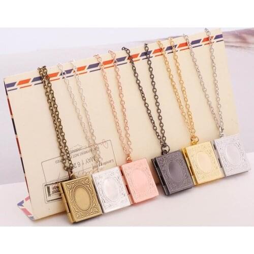 Secret Hiding Place Photo Locket Necklace Photos Box Fashion Carved Vintage Style Delicate Imitation Book Locket Necklace