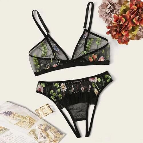 Sexy Print Open File Free Three-point Sexy Underwear Suit Spring and Summer Thin Section Sexy Embroidery Womens Suit