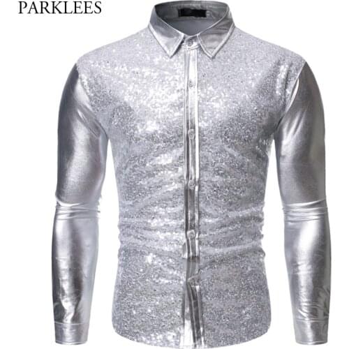 Silver Mens Glitter Sequins Shirts Fashion Metallic Shirt Men Causal Slim Fit Disco Party Halloween Costume Chemise Stage Shirt