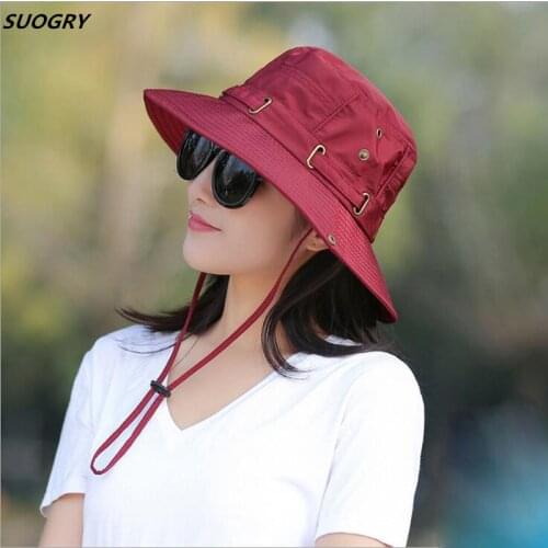 SUOGRY Foldable Adult Lady Summer Cotton Breathable Bucket Hats Wind Rope Fixed Adjustable Sunscreen UV Protection Sun Hat