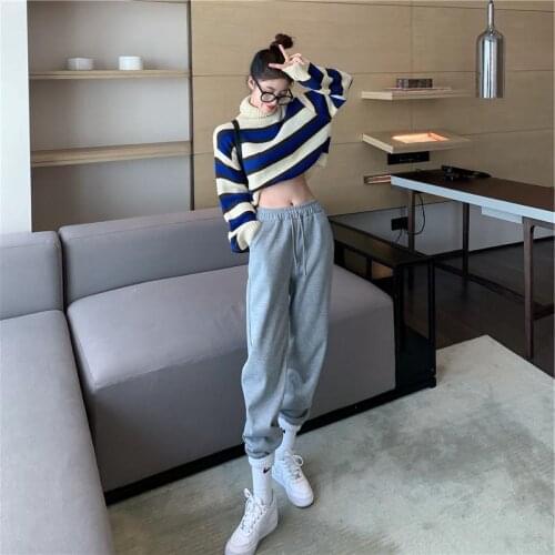 Streetwear Fashion Suit Turtleneck Stripe Knitting Cropped Sweater+high Waist Drawstring Straight Sweatpants Two Piece Set