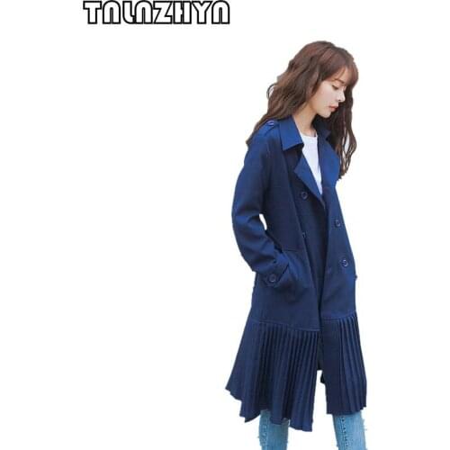 TNLNZHYN 2019 Spring Women Trench Coat Navy blue Pleated Skirt Swing Windbreaker Coat adjustable Windbreaker Long Outerwear Y3
