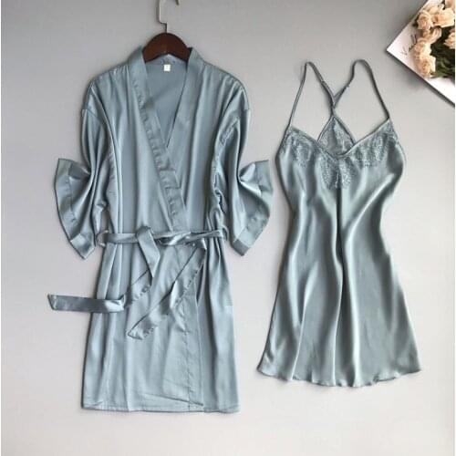Women satin silk nightgown robe 2 piece set suspender nightwear silk sleepwear homwear