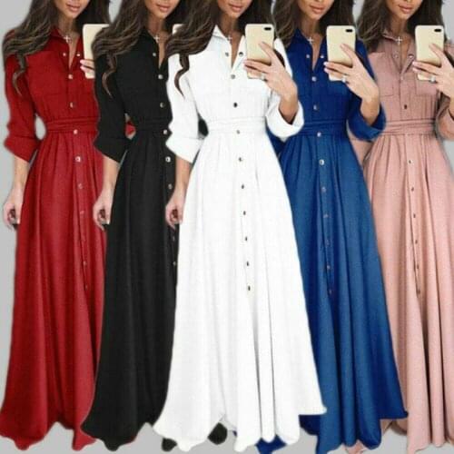 Womens Lady Dress Maxi Long Sleeve Button Down Evening Party Casual Shirt Dress