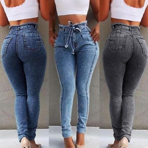 S-5XL Plus Size Belted High Waist Skinny Jeans Women Stretch Denim Tassel belt Long Pants Christmas gifts pantalon Accessory