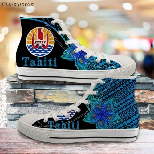 ELVISWORDS Hot Sale Tahiti Polynesian Flower Print High Top Style Sneaker Flats for Women Casual Ladies Lace Up Vulcanized Shoes
