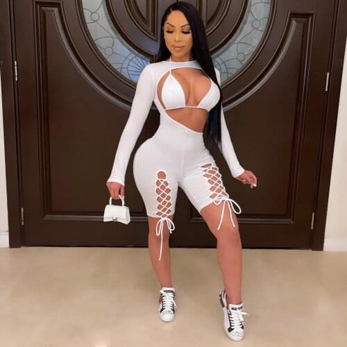 Echoine Sexy Bodycon Backless Playsuit Women Skinny Bra Bodysuit Two Piece Set Hollow Out Fitness Solid Party Night Club Outfits