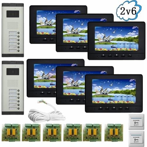2 Doors 6 Buttons Infared CCD Camera Color 7" HD 700lines Video intercom system video door phone 6 Monitors In Stock