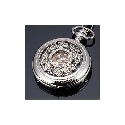 8001S) 6pcs/lot Elegant Engraved Mechanical Pocket Watch, silver colors.free shipping