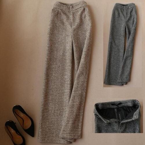 Super Stylish Office Lady High Waist Faux Wool Wide Leg Suit Trousers Women Elegant OL Full-length Pants