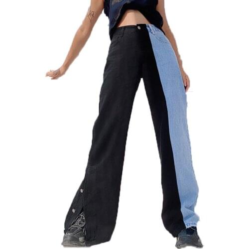 Spring Autumn Women Straight Leg Jeans Fashion Panelled Patchwork Side Split Denim Pants Woman Casual Loose High Waisted Jeans