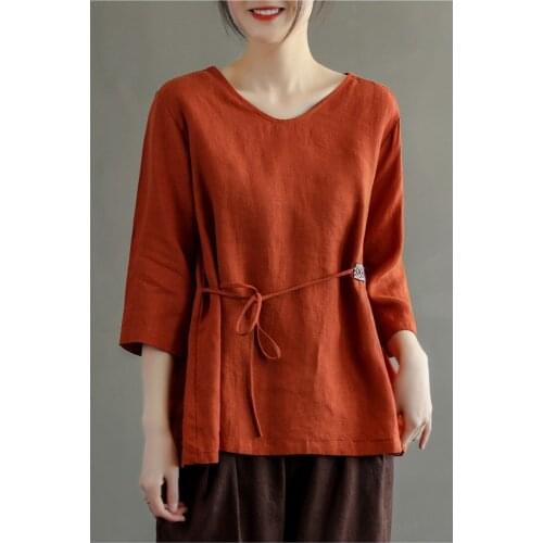 2021Summer Tshirts Women Vintage Solid Color Sashes Loose Collect Waist Female Linen Tees Fashion