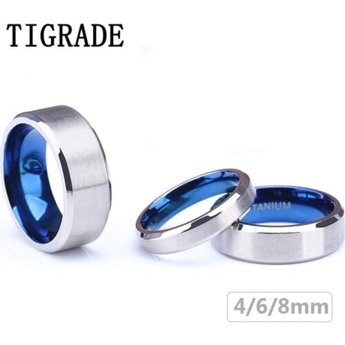 Tigrade 100% Pure Titanium Men Women Ring Silver Color Blue Inside Classic 4/6mm Wedding Rings Engraving Provide Drop Shipping
