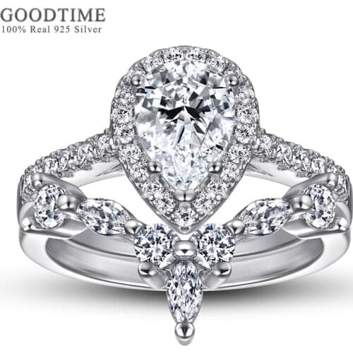 Luxury Women Ring Set Pure 100% 925 Sterling Silver Waterdrop Zircon Rhinestone Wedding Ring Jewelry Accessories Gift For Party