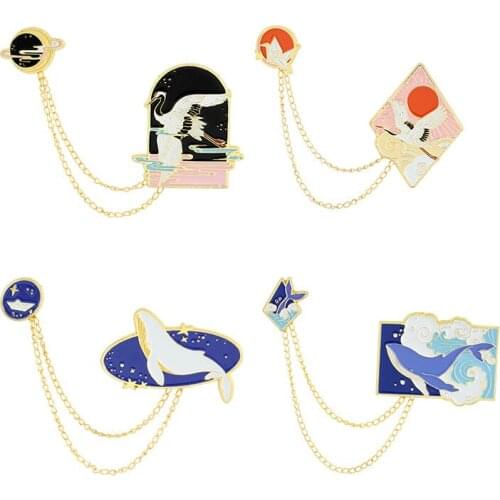 Creativity Animals Whale Bird Seagull Chain Enamel Brooch Sun Stars Waves Detachable Pendant Alloy Pins Fashion Jewelry Gift