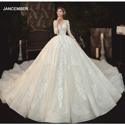 LDR34 White Long Sleeve Wedding Dress Bride Lace Temperament Trailing Gown Women Applique Print Slim Temperament Wedding Dress