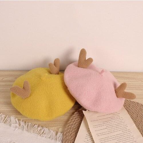 Cute Antlers Children Girls Wool Beret Hat Cap Warm Winter Hats for Girl Kids 2020 Painter Cap Child Girl Hat 2-6 Years Old