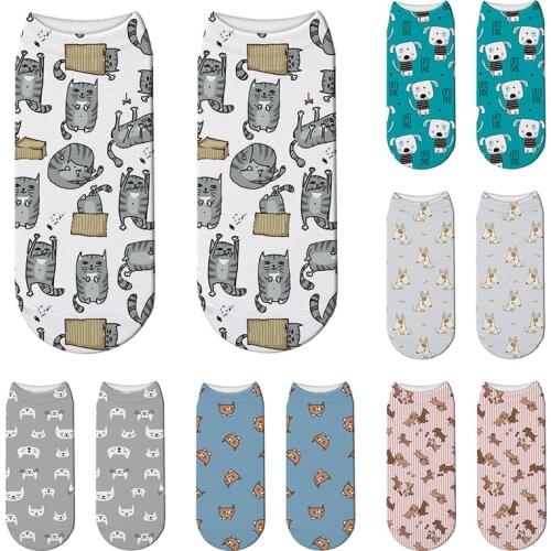 Cartoon Cat 3D Printing Female Socks Cute Dog Pattern Women Ankle Socks Calcetines Mujer Casual Pet Animals Printed Sock