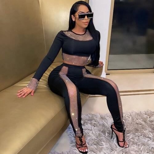 Sparkly Diamond Two Piece Set Women Party Birthday Club Outfits Festival Clothing Crop Top and Pant Sets Elegant Matching Sets
