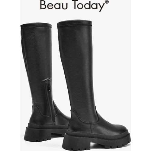 BeauToday Platform Long Boots Women PU Cow Leather Patchwork Round Toe Side Zip Chunky Heel Winter Ladies Shoes Handmade 01536