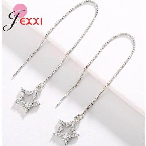 Authentic Pure 925 Silver Long Eardrop Earrings for Women Girls Gifts Long Thread Box Chain Heart Circle Stars Design Charm