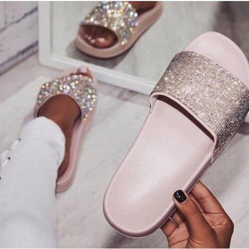 Luxury Bling Bling Crystal Women Slippers Flat Outdoor Casual Gold Pink Black Sliver Rhinestone Fashion Women Slides Real Photo