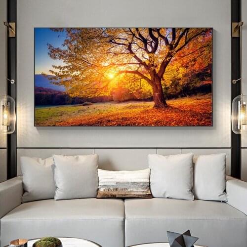 Modern Landscape Gold Sunset Tree Autumn Mountain on Canvas Painting Posters and Prints Wall Art Picture for Living Room Cuadros