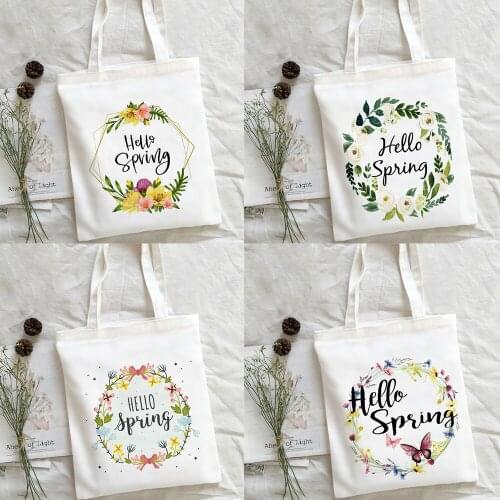 2021 Hello Spring Blossom Flowers Printing Shopping Bag Women Canvas Shoulder Bag Female Ulzzang Eco Large-Capacity