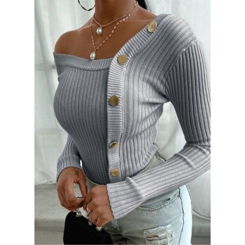 Fashion Button Off Shoulder Knitted Sweater Women Jumper Autumn Winter Strapless Pullover Long Sleeve Knitwear Female Streetwear