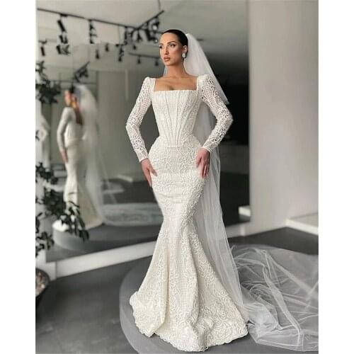 Vintage Full Lace Mermaid Wedding Dresses For Arabic Women Long Sleeve Square Neck Plus Size Backless Garden Country Bridal Gown