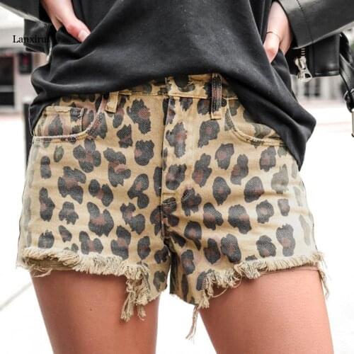 Womens Retro Leopard Frayed Hemline Jean Shorts Summer Fashion Streetwear Female Mid Waist Denim Shorts S-XL