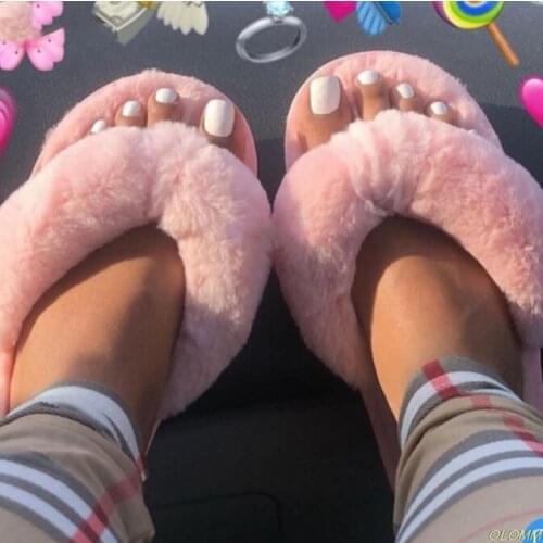 Hot Winter Women House Fuzzy Slippers Faux Fur Fashion Warm Shoes Woman Slip on Flats Female Furry Slides Black Pink Cozy Home