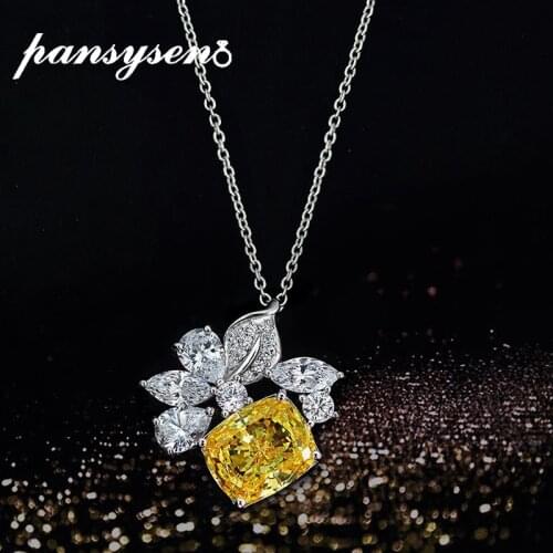 PANSYSEN New Arrival 100% 925 Sterling Silver Created Moissanite Citrine Gemstone Pendant Necklaces Women Wedding Fine Jewelry