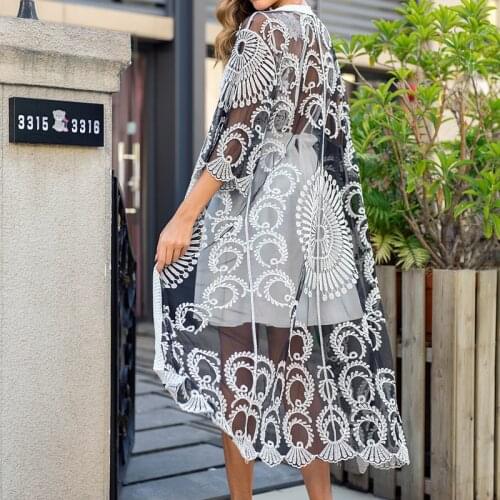 Beach Dresses Womens Tunic Dress Summer Saida De Praia Plus Size 2020 New Black White Mesh Embroidery Sun Proof Cover Up Animal