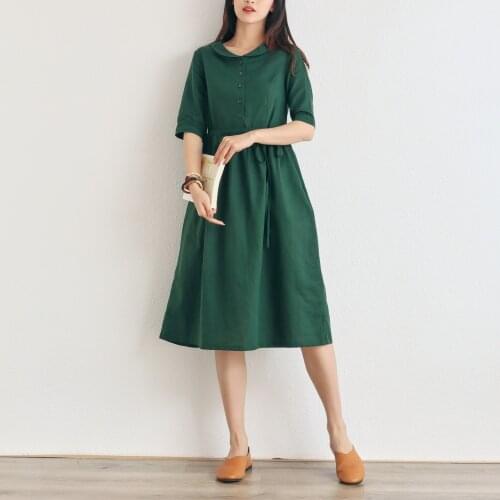 Women Summer Loose Solid Color Cotton Linen Dress Ladies Loose Waisted Dress Female 2021 Vintage Dress