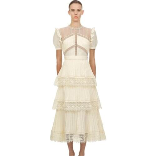 2021 New Summer Vintage Woman Dress Short Puff Sleeve O-neck Beige Elegant Party Maxi Dresses Female Fashion Vestidos