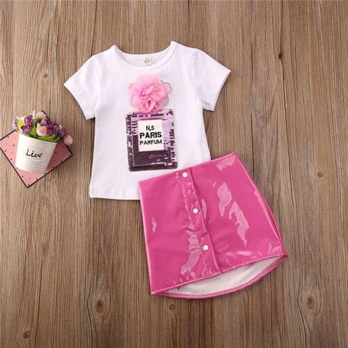 2020 Newborn Kid Baby Girl clothes short sleeve 3D Flower Top Pink Leather Button Skirt 2pcs Toddler Kids Summer Outfit
